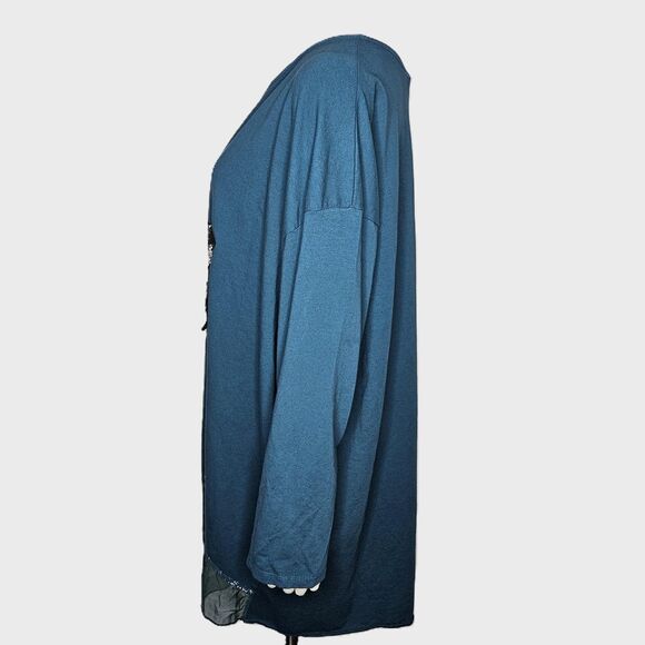 Made in Italy Cotton Star Tunic Top Blue Sequin Silk Hem Asymmetrical Hem XL NWT - Picture 4 of 7